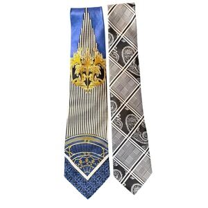 Barry Wang Don Jonathan Mens Silk Neckties Bundle 2pc Blue Gold Black Paisley‎